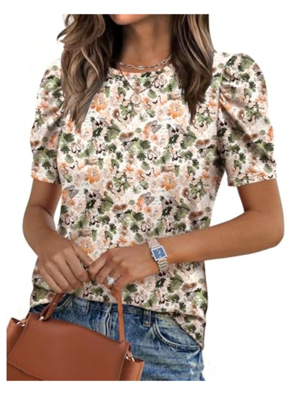 Women's Floral Boho Blouse Puff Short Sleeve Crew Neck Tunic Top